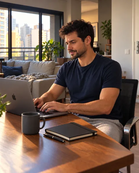 Homem de volta à mesa, sentado com a coluna alta, trabalhando no notebook